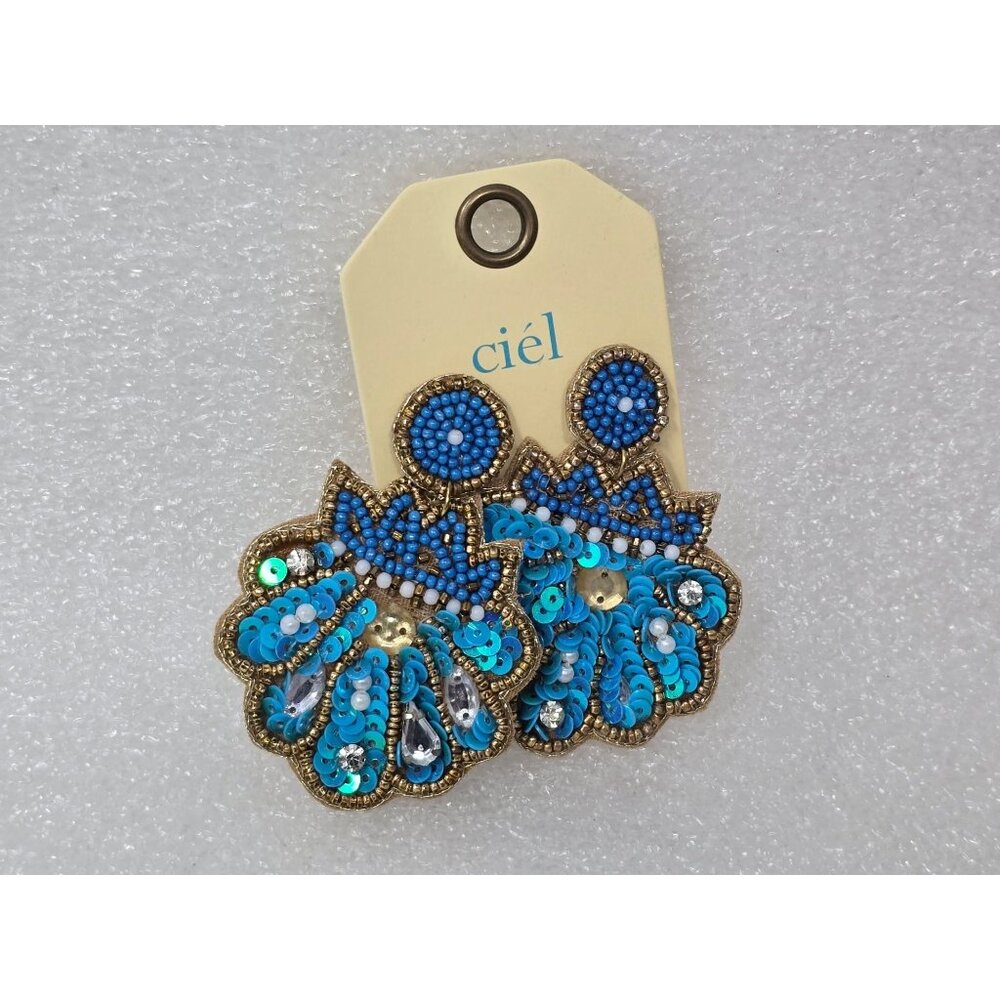 Handmade Ciél Beaded Blue Sequin Statement Earrings With Back Closure